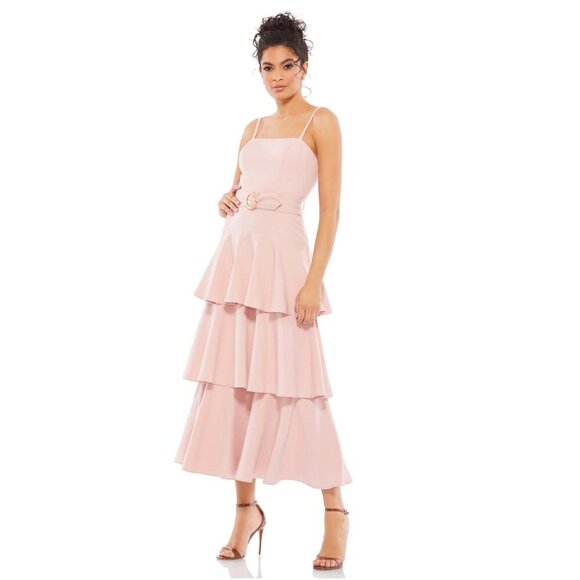 Mac Duggal  Belted Tiered Ruffle Sleeveless Midi Dress Rose Pink 6 #8618 - Picture 1 of 8